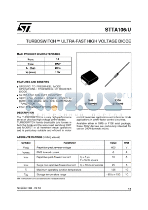 STTA106U datasheet - TURBOSWITCH a ULTRA-FAST HIGH VOLTAGE DIODE