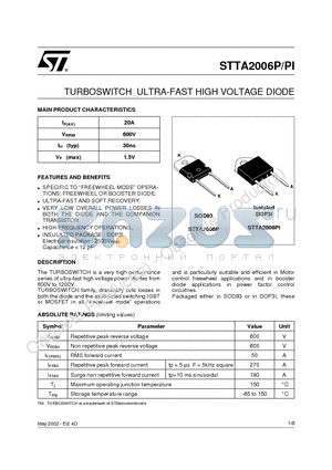 STTA2006PI datasheet - TURBOSWITCH ULTRA-FAST HIGH VOLTAGE DIODE