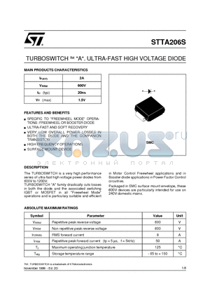 STTA206S datasheet - TURBOSWITCH A ULTRA-FAST HIGH VOLTAGE DIODE