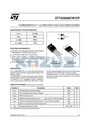 STTA3006CW datasheet - TURBOSWITCH  ULTRA-FAST HIGH VOLTAGE DIODES