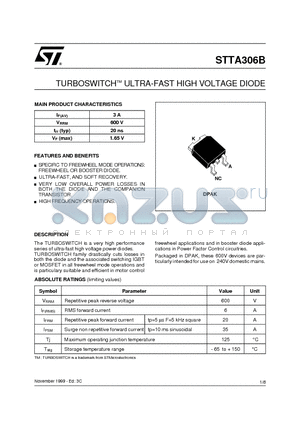 STTA306B-TR datasheet - TURBOSWITCHTM ULTRA-FAST HIGH VOLTAGE DIODE