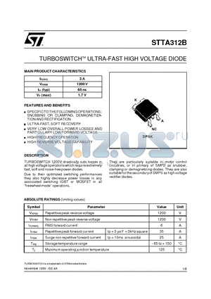 STTA312B datasheet - TURBOSWITCHTM ULTRA-FAST HIGH VOLTAGE DIODE