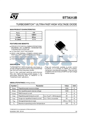 STTA312B-TR datasheet - TURBOSWITCHTM ULTRA-FAST HIGH VOLTAGE DIODE