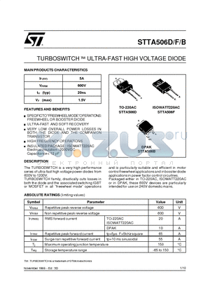 STTA506B datasheet - TURBOSWITCH E ULTRA-FAST HIGH VOLTAGE DIODE