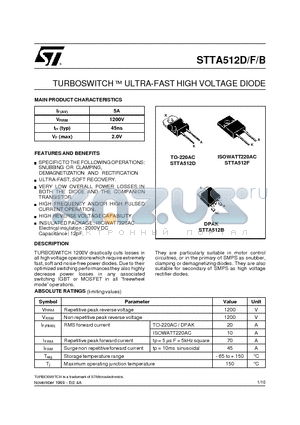 STTA512B datasheet - TURBOSWITCH  ULTRA-FAST HIGH VOLTAGE DIODE