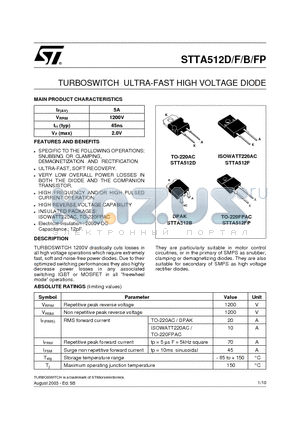 STTA512D datasheet - TURBOSWITCH ULTRA-FAST HIGH VOLTAGE DIODE