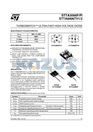STTA6006TV1 datasheet - TURBOSWITCH  ULTRA-FAST HIGH VOLTAGE DIODE