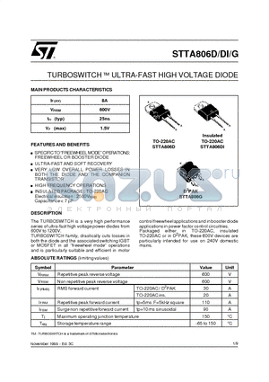 STTA806 datasheet - TURBOSWITCH  ULTRA-FAST HIGH VOLTAGE DIODE