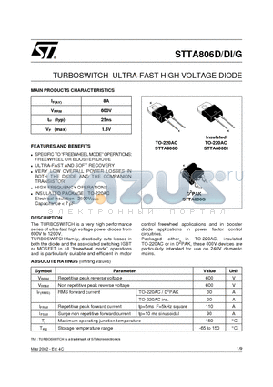 STTA806 datasheet - TURBOSWITCH ULTRA-FAST HIGH VOLTAGE DIODE