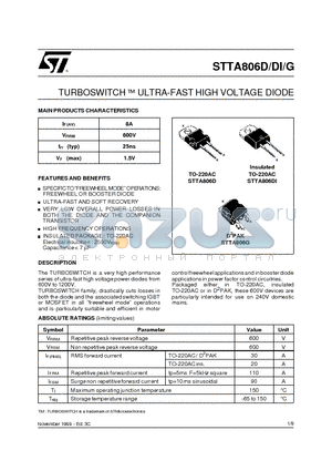 STTA806G datasheet - TURBOSWITCH  ULTRA-FAST HIGH VOLTAGE DIODE