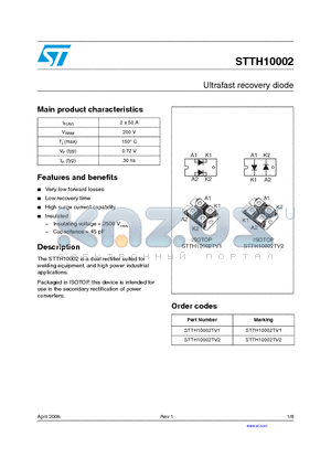 STTH10002TV2 datasheet - Ultrafast recovery diode