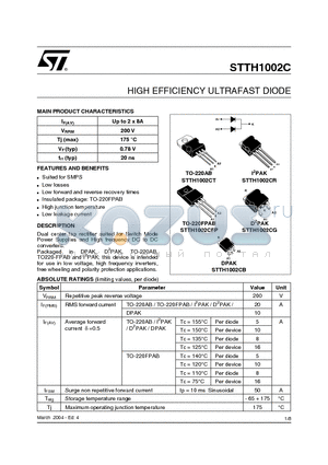 STTH1002CFP datasheet - HIGH EFFICIENCY ULTRAFAST DIODE