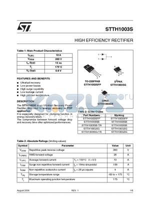 STTH1003SB-TR datasheet - HIGH EFFICIENCY RECTIFIER