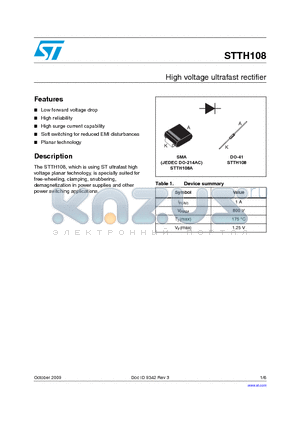 STTH108 datasheet - High voltage ultrafast rectifier