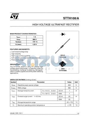 STTH108A datasheet - HIGH VOLTAGE ULTRAFAST RECTIFIER