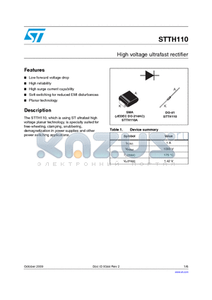STTH110 datasheet - High voltage ultrafast rectifier