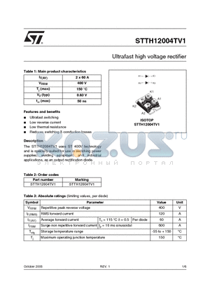 STTH12004TV1 datasheet - Ultrafast high voltage rectifier