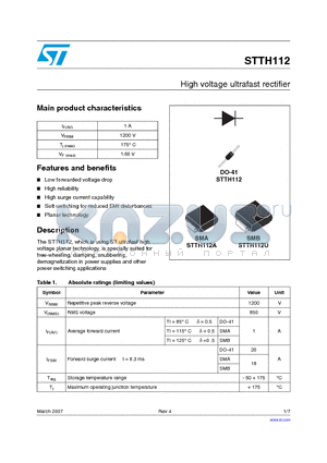 STTH112_07 datasheet - High voltage ultrafast rectifier
