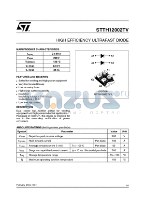 STTH12002TV datasheet - HIGH EFFICIENCY ULTRAFAST DIODE