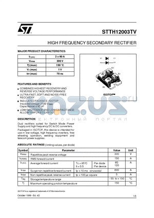 STTH12003TV datasheet - HIGH FREQUENCY SECONDARY RECTIFIER