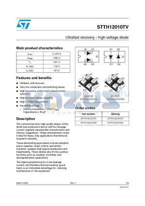 STTH12010TV2 datasheet - Ultrafast recovery - high voltage diode