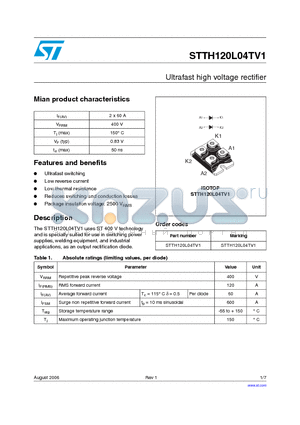 STTH120L04TV1 datasheet - Ultrafast high voltage rectifier