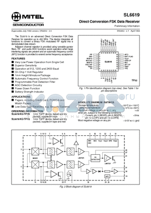 SL6619TP1N datasheet - Direct Conversion FSK Data Receiver