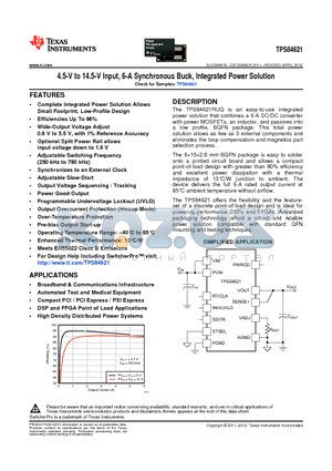 TPS84621RUQT datasheet - 4.5-V to 14.5-V Input, 6-A Synchronous Buck, Integrated Power Solution