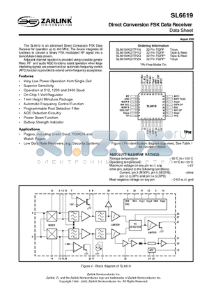 SL6619TP2Q datasheet - Direct Conversion FSK Data Receiver