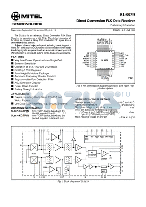 SL6679 datasheet - Direct Conversion FSK Data Receiver