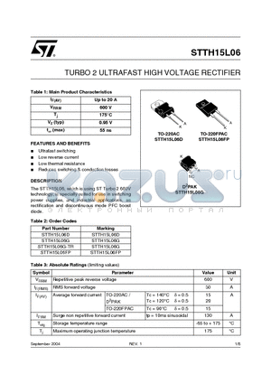 STTH15L06FP datasheet - TURBO 2 ULTRAFAST HIGH VOLTAGE RECTIFIER