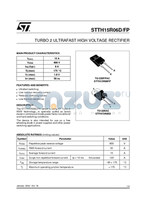 STTH15R06D datasheet - TURBO 2 ULTRAFAST HIGH VOLTAGE RECTIFIER
