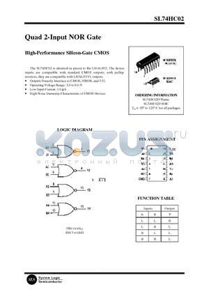 SL74HC02D datasheet - Quad 2-Input NOR Gate