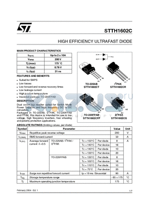 STTH1602CFP datasheet - HIGH EFFICIENCY ULTRAFAST DIODE