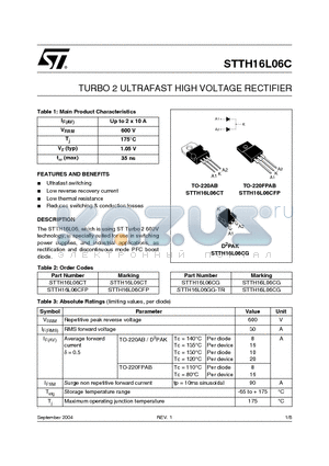 STTH16L06CG-TR datasheet - TURBO 2 ULTRAFAST HIGH VOLTAGE RECTIFIER