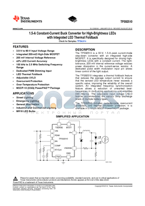 TPS92510DGQR datasheet - 1.5-A Constant-Current Buck Converter for High-Brightness LEDs with Integrated LED Thermal Foldback