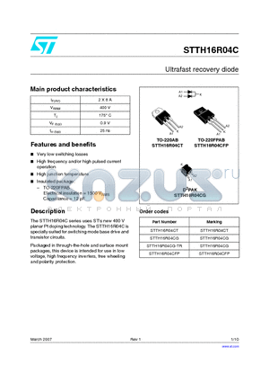 STTH16R04CG-TR datasheet - Ultrafast recovery diode