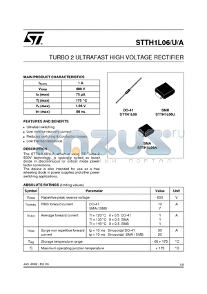 STTH1L06A datasheet - TURBO 2 ULTRAFAST HIGH VOLTAGE RECTIFIER