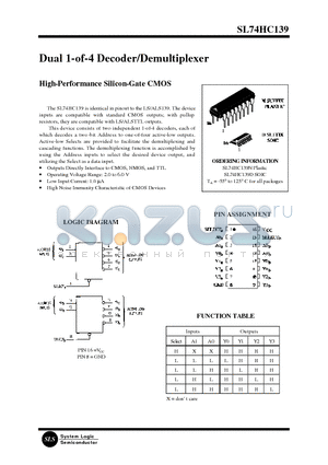 SL74HC139N datasheet - Dual 1-of-4 Decoder/Demultiplexer