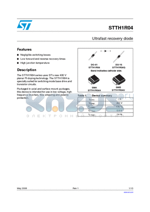 STTH1R04 datasheet - Ultrafast recovery diode