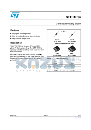 STTH1R04A datasheet - Ultrafast recovery diode