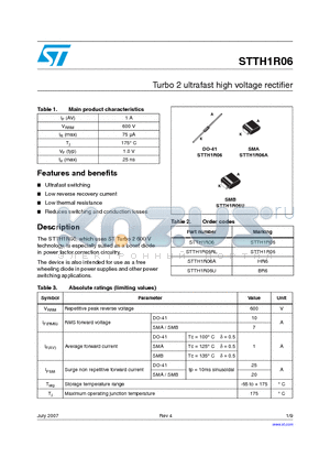 STTH1R06A datasheet - Turbo 2 ultrafast high voltage rectifier