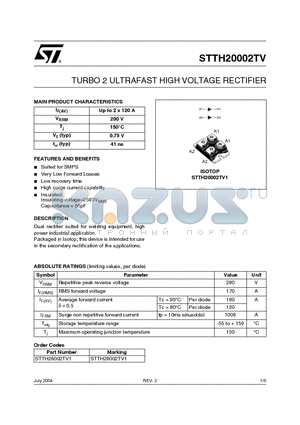 STTH20002TV1 datasheet - TURBO 2 ULTRAFAST HIGH VOLTAGE RECTIFIER