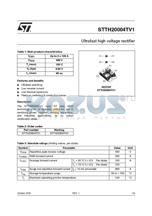 STTH20004TV1 datasheet - Ultrafast high voltage rectifier