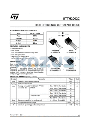 STTH2002C datasheet - HIGH EFFICIENCY ULTRAFAST DIODE