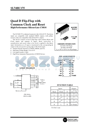 SL74HC175 datasheet - Quad D Flip-Flop with Common Clock and Reset