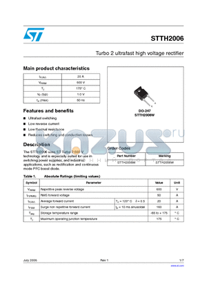 STTH2006 datasheet - Turbo 2 ultrafast high voltage rectifierV