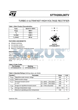 STTH200L06TV1 datasheet - TURBO 2 ULTRAFAST HIGH VOLTAGE RECTIFIER