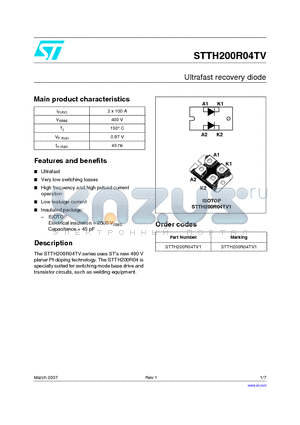 STTH200R04TV datasheet - Ultrafast recovery diode