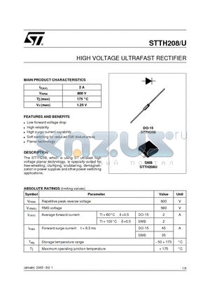 STTH208U datasheet - HIGH VOLTAGE ULTRAFAST RECTIFIER